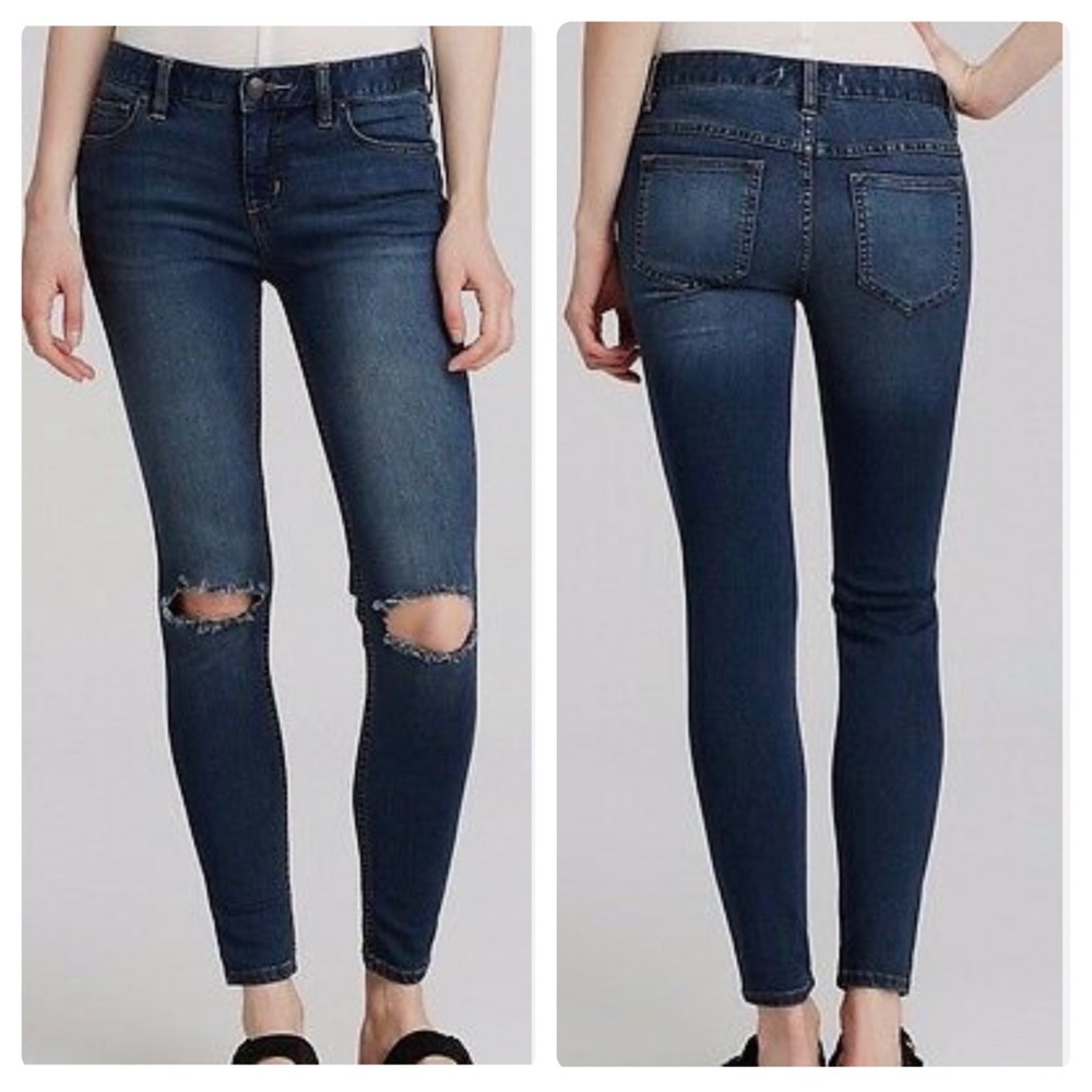 Free People Destroyed Skinny Mid Rise Jeans in Josie Blue Wash